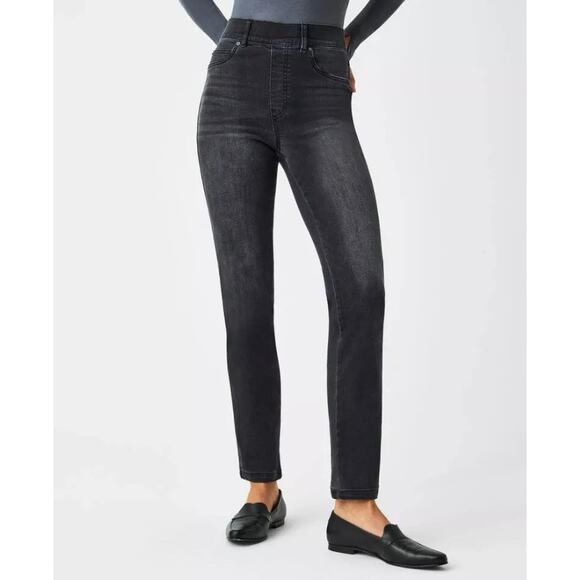 Spanx Women's size Medium Straight Leg Pants Vintage Black Ankle Denim Preppy - Picture 1 of 11